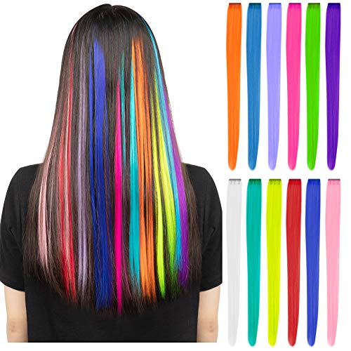 12 Pcs Colored Party Highlights Colorful Clip in Hair Extensions 22 inch Straight Synthetic Hairpieces for Women Kids Girls, Rainbow